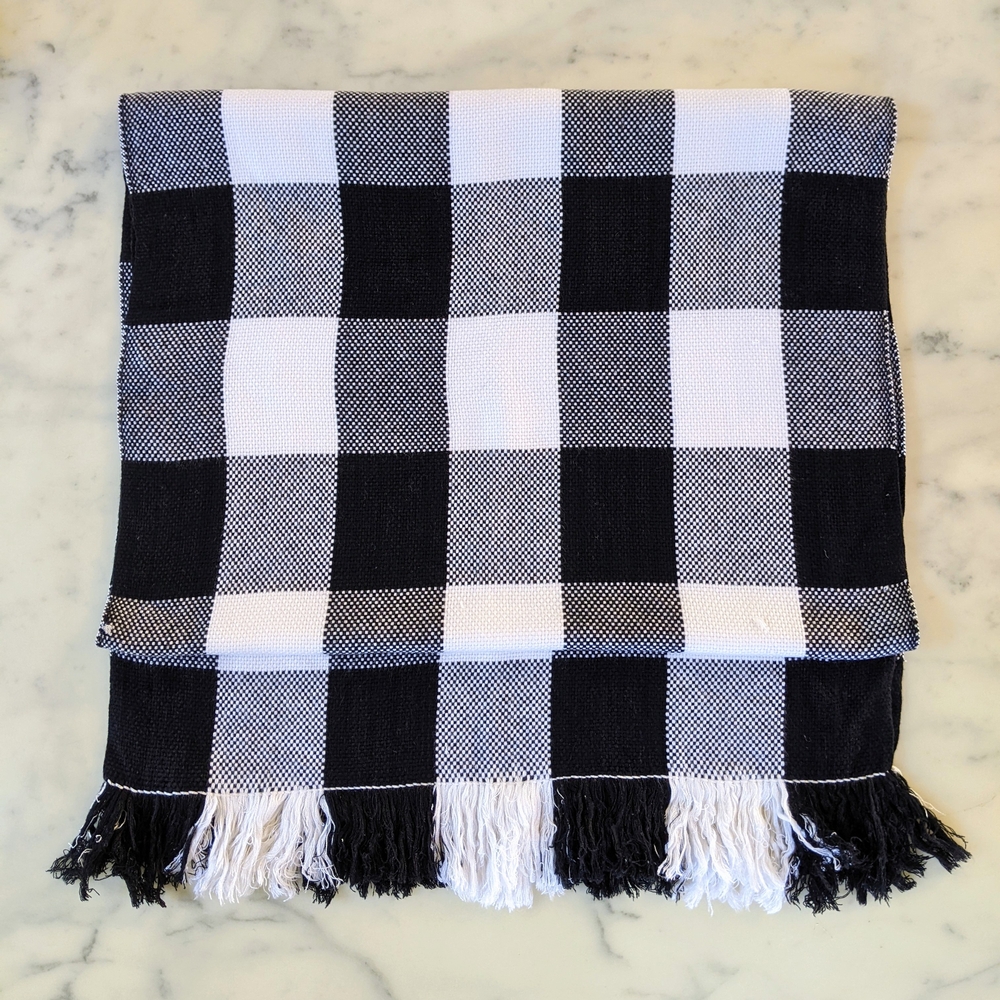 Soft Woven Black and White Checkered Large Scarf/Wrap With Fringe.